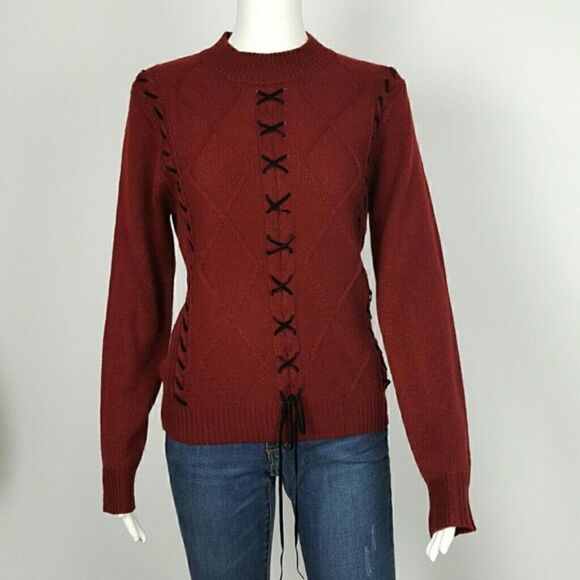 NWT WOMEN'S CREW NECK KNITTED SWEATER LACE UP - Picture 1 of 4